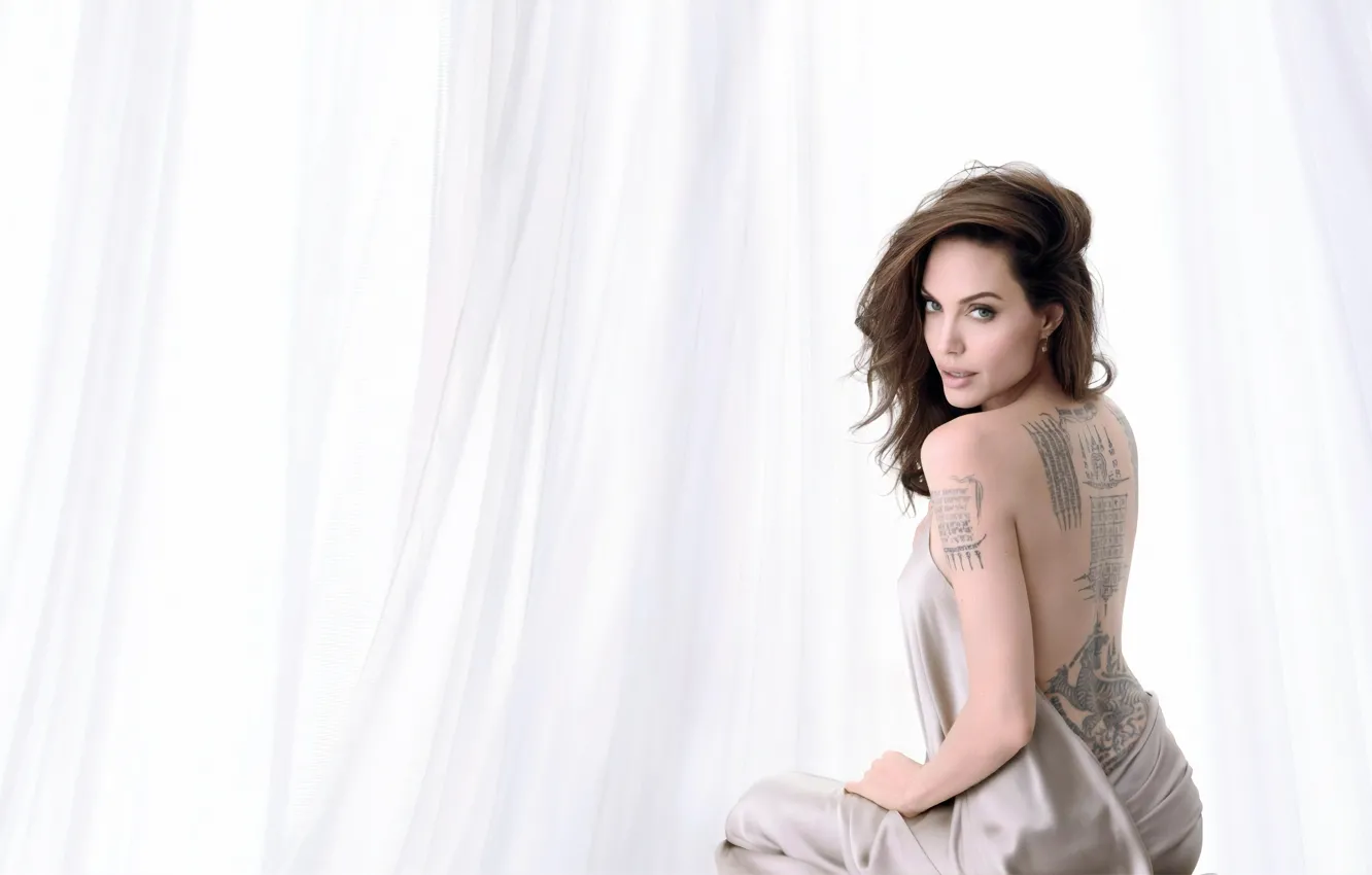 Photo wallpaper hair, Angelina Jolie, tattoo, shoulders, Angelina Jolie