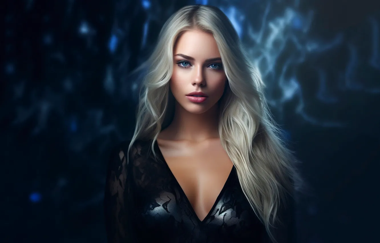 Photo wallpaper look, girl, background, neon, dress, blonde, blue eyes, long hair