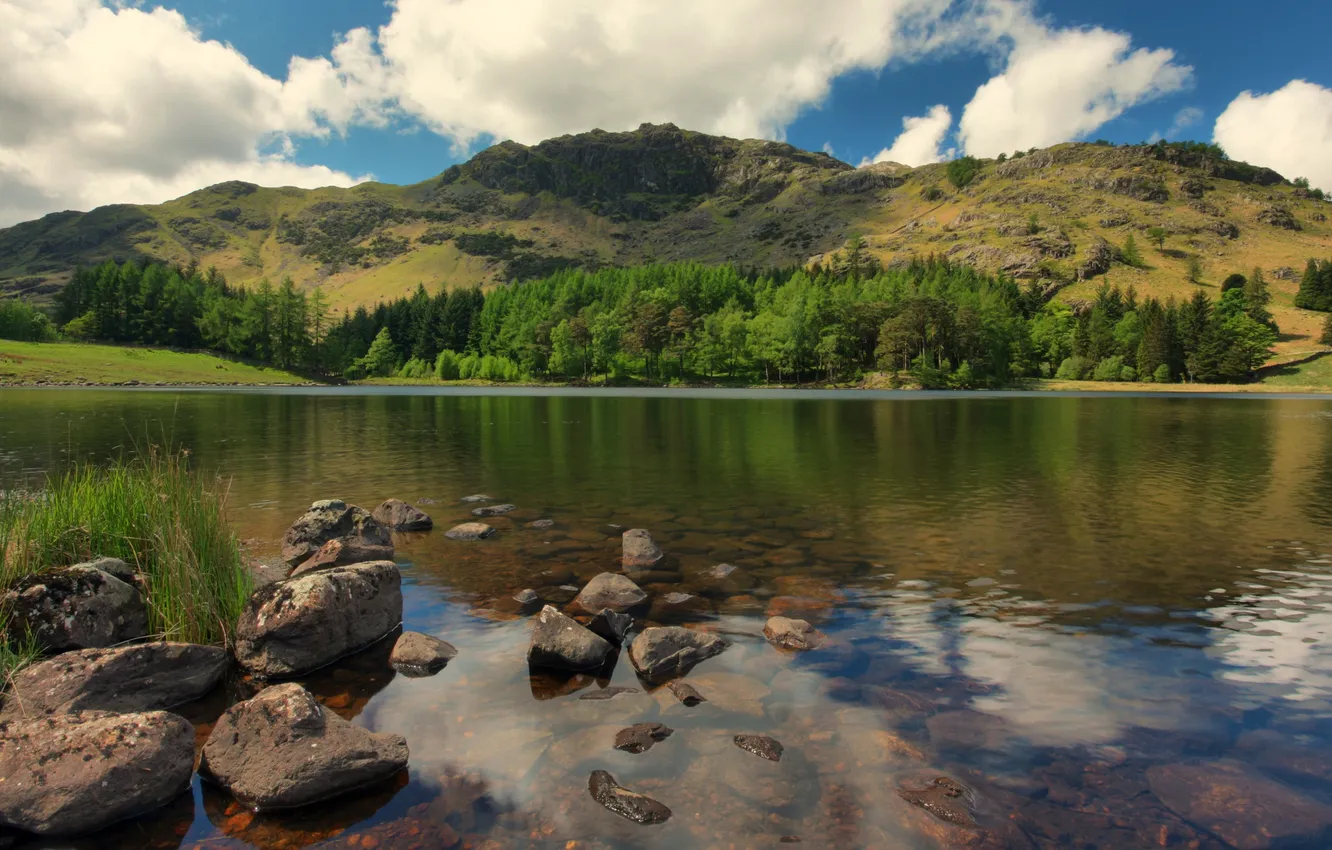 Photo wallpaper clouds, trees, mountains, lake, stones, England, Millbeck