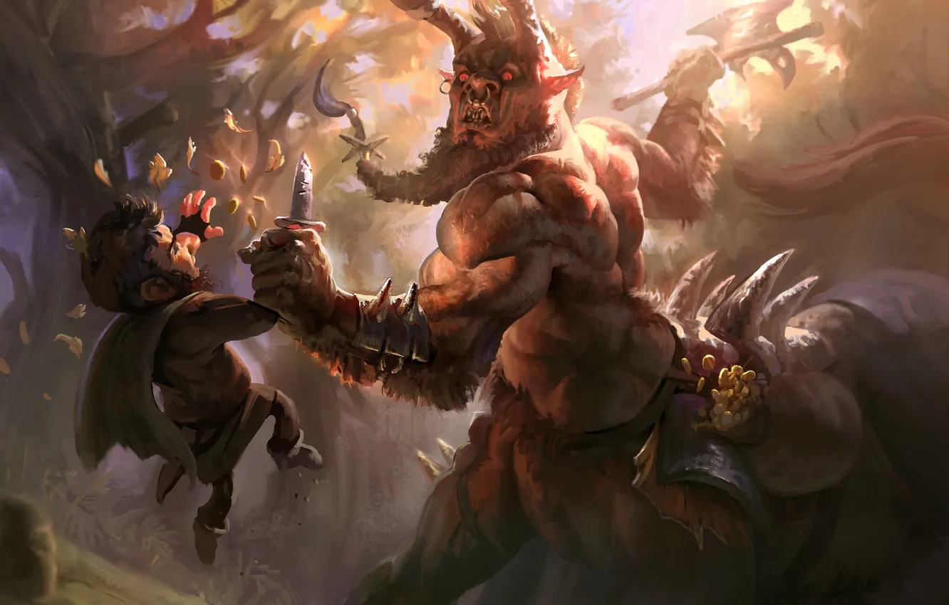 Photo wallpaper art, knife, coins, axe, dwarf, centaur