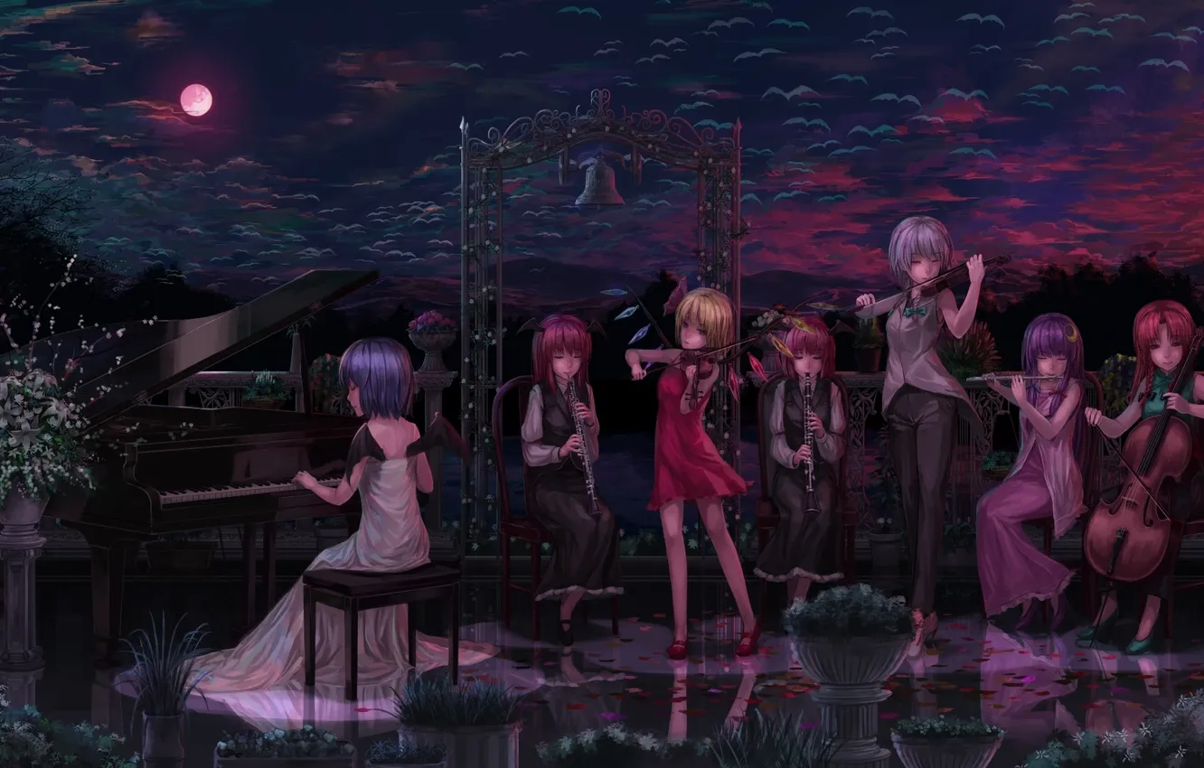 Photo wallpaper girl, clouds, flowers, night, the moon, violin, wings, piano