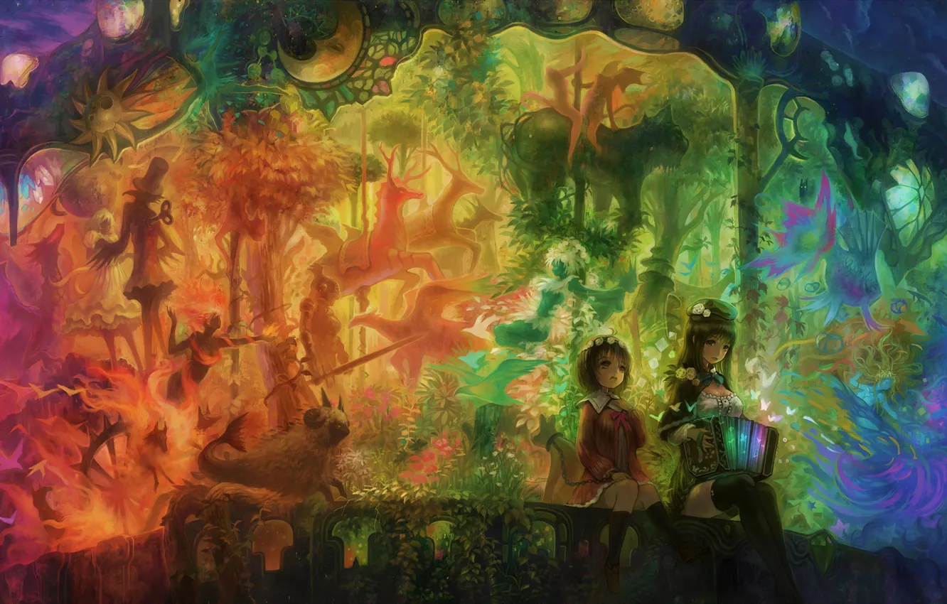 Photo wallpaper fantasy, art, girl, carousel, beast, musical instrument, sakai yoshikuni, accordion