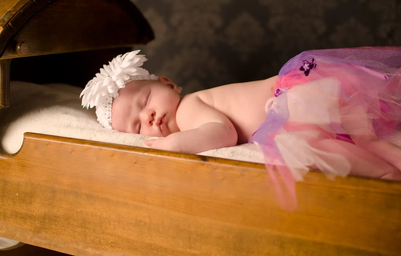 Photo wallpaper flowers, sleep, sleeping, girl, headband, baby, skirt, cot
