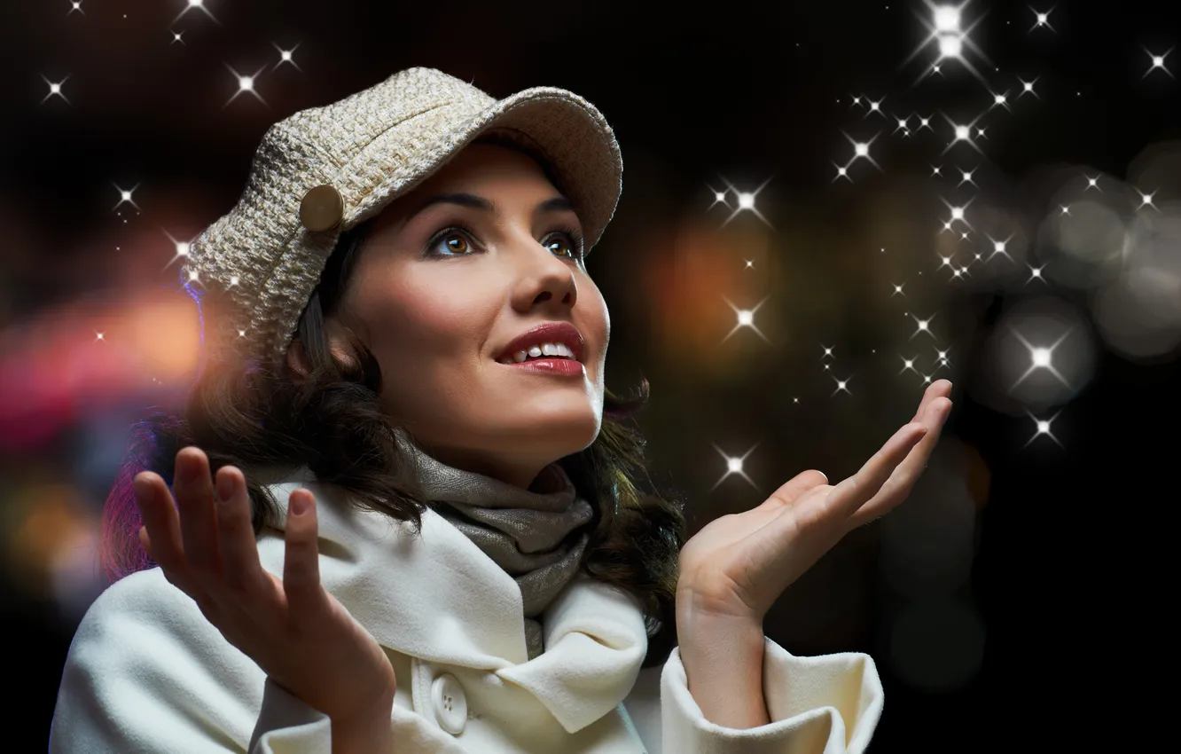 Photo wallpaper girl, joy, brown hair, curls, coat, brown-eyed, cap