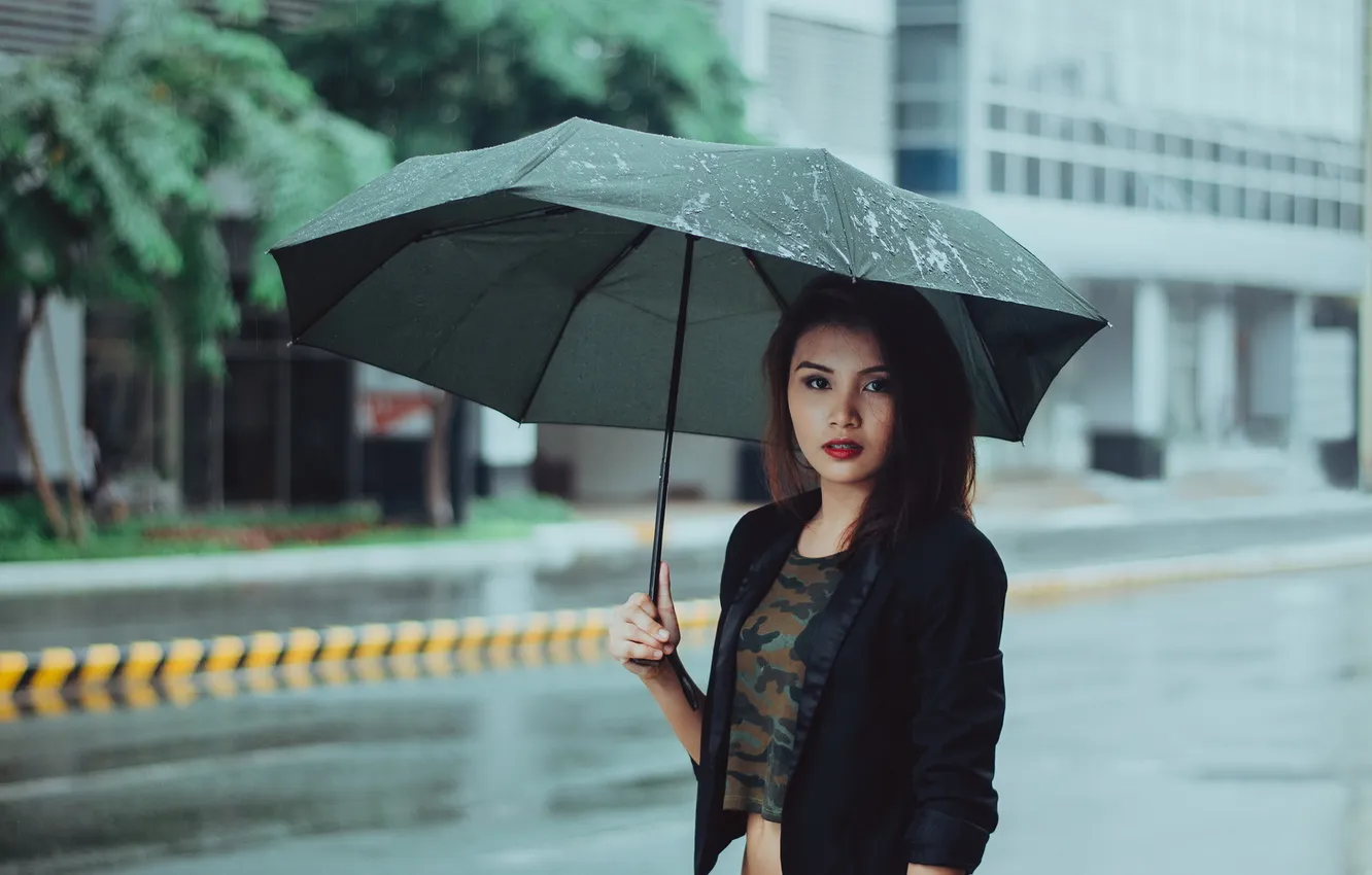 Photo wallpaper girl, rain, street, umbrella