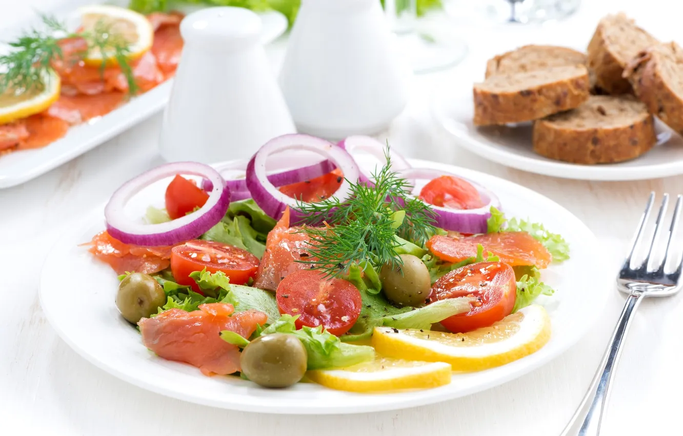 Photo wallpaper lemon, bow, dill, tomatoes, olives, salad, spices, salmon