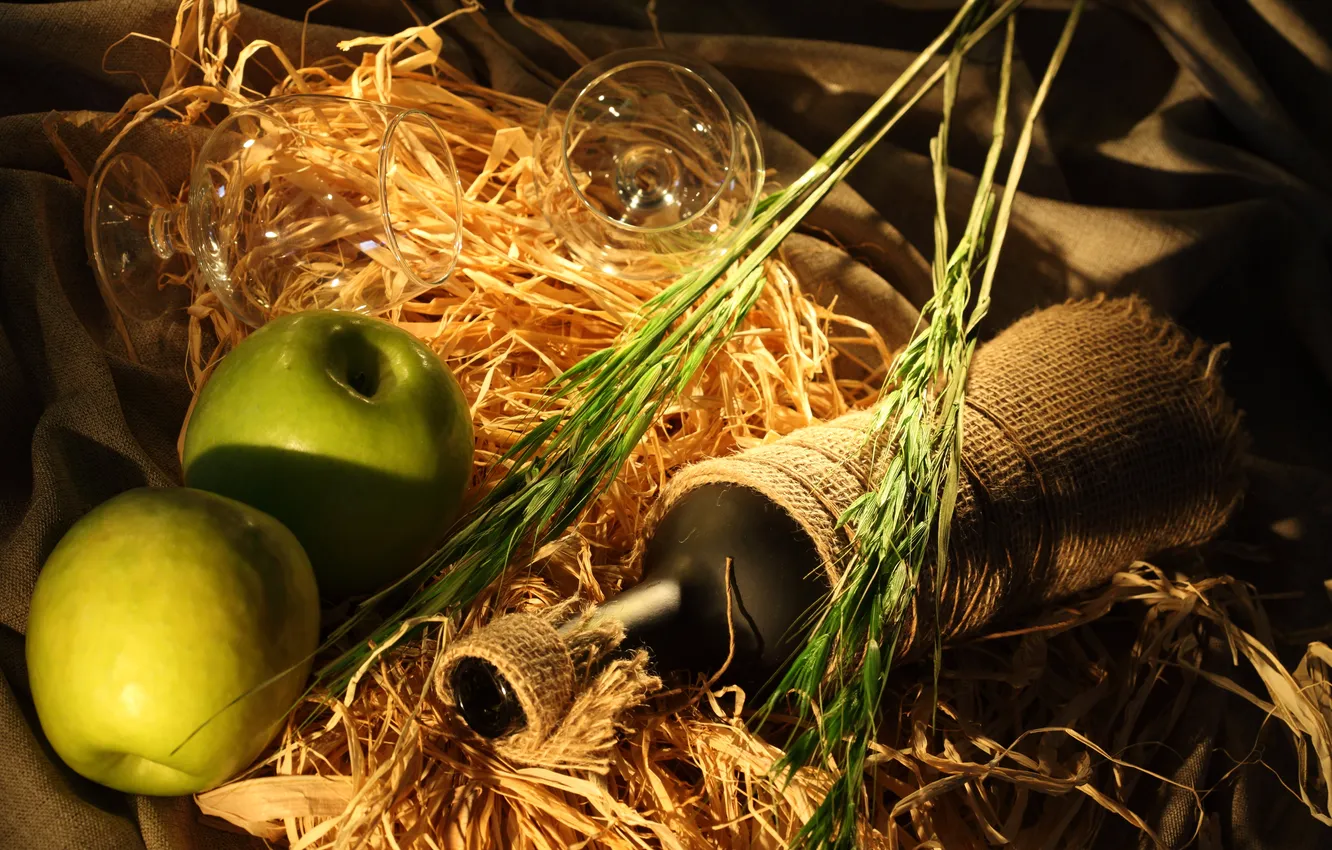Photo wallpaper wine, apples, bottle, glasses, green, ears