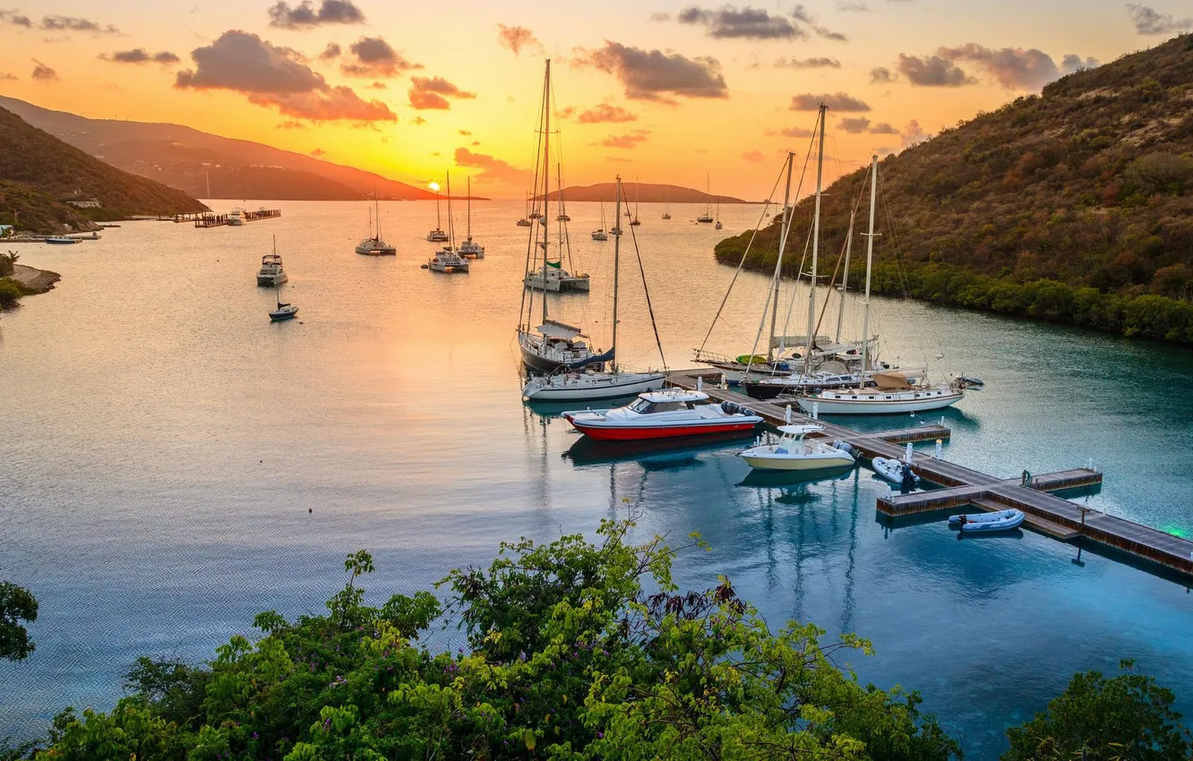 Photo wallpaper sunset, the ocean, coast, ship, Marina, Bay, the evening, yacht