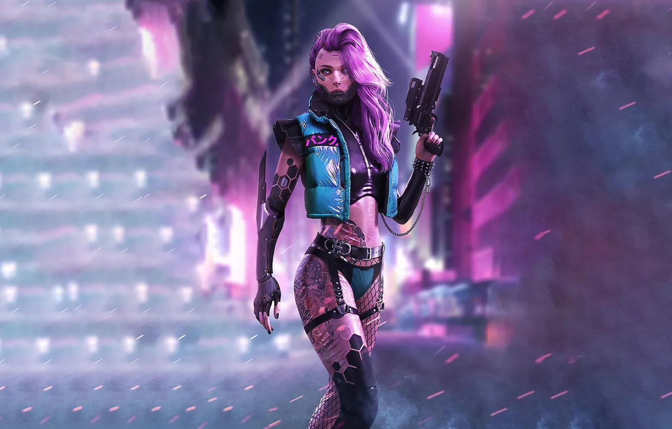 Photo wallpaper girl, weapon, science fiction, Cyberpunk, future