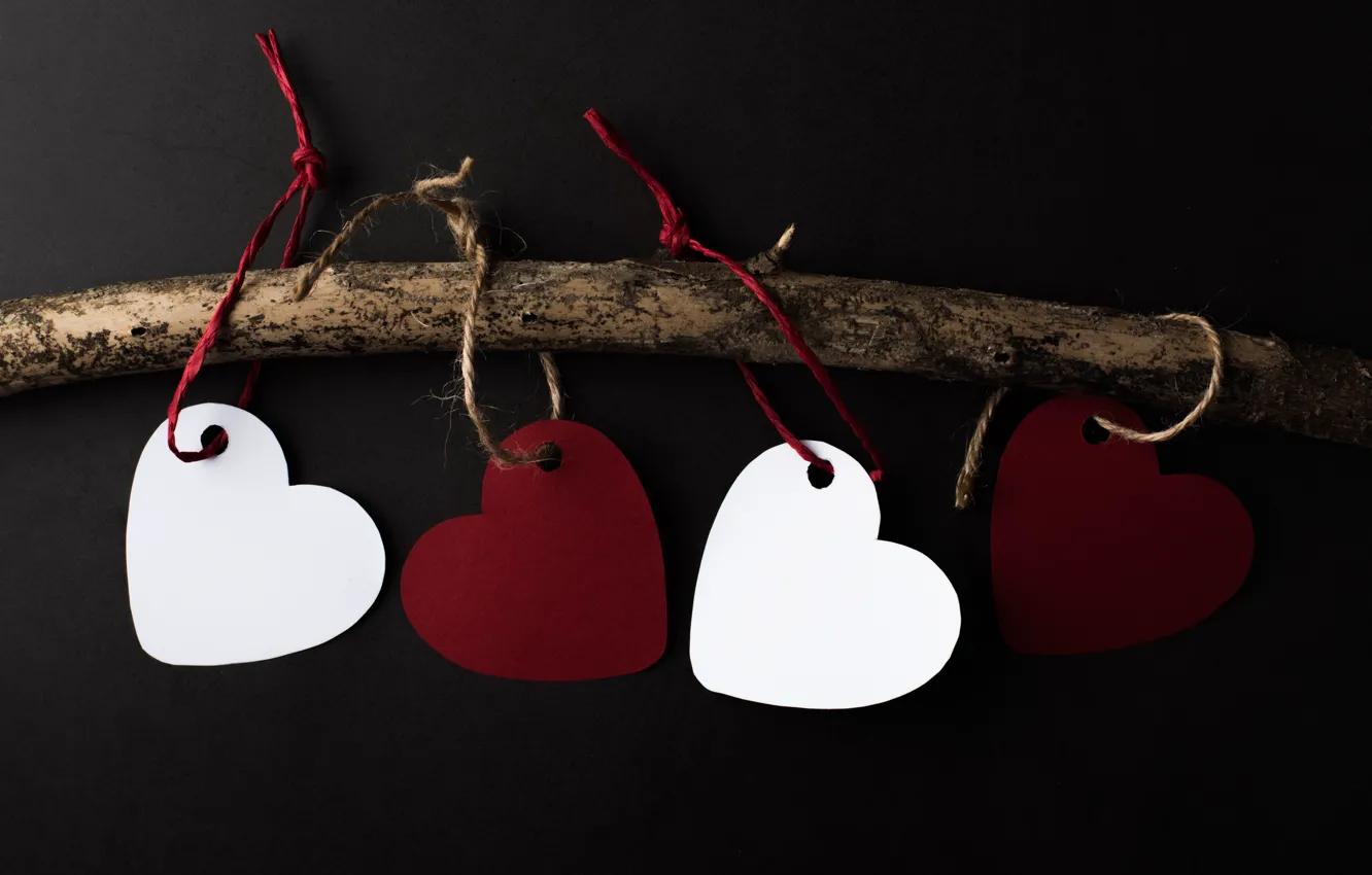 Photo wallpaper branches, red, holiday, heart, sticks, hearts, white, black background