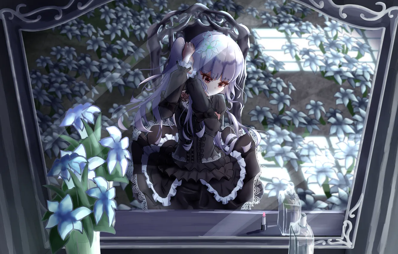 Photo wallpaper hairstyle, girl, rays of light, blue hair, bangs, ruffles, Gothic lolita, sitting in the chair