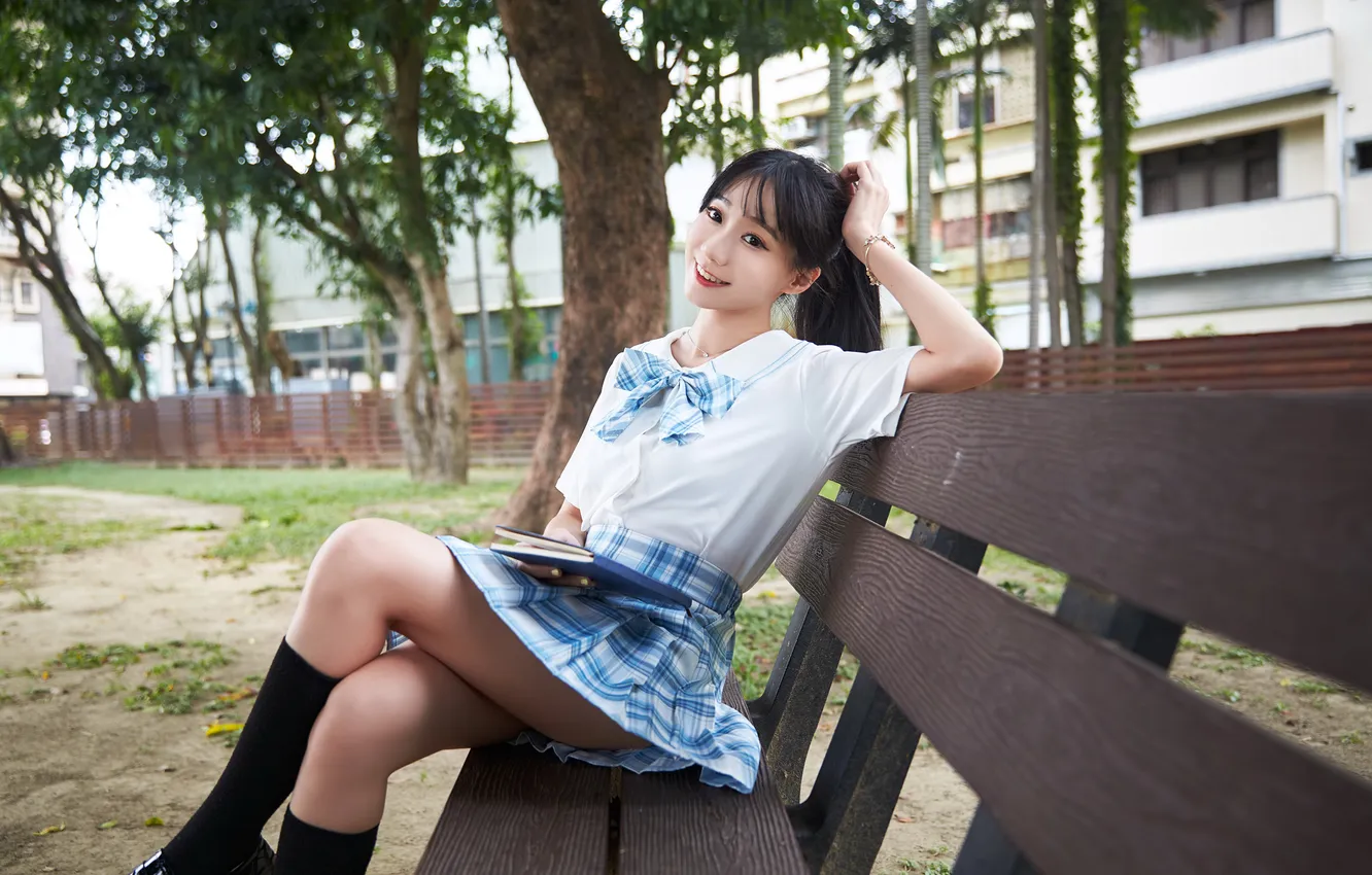 Photo wallpaper girl, Asian, bench