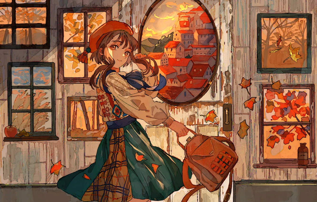 Photo wallpaper autumn, girl, room, picture, backpack