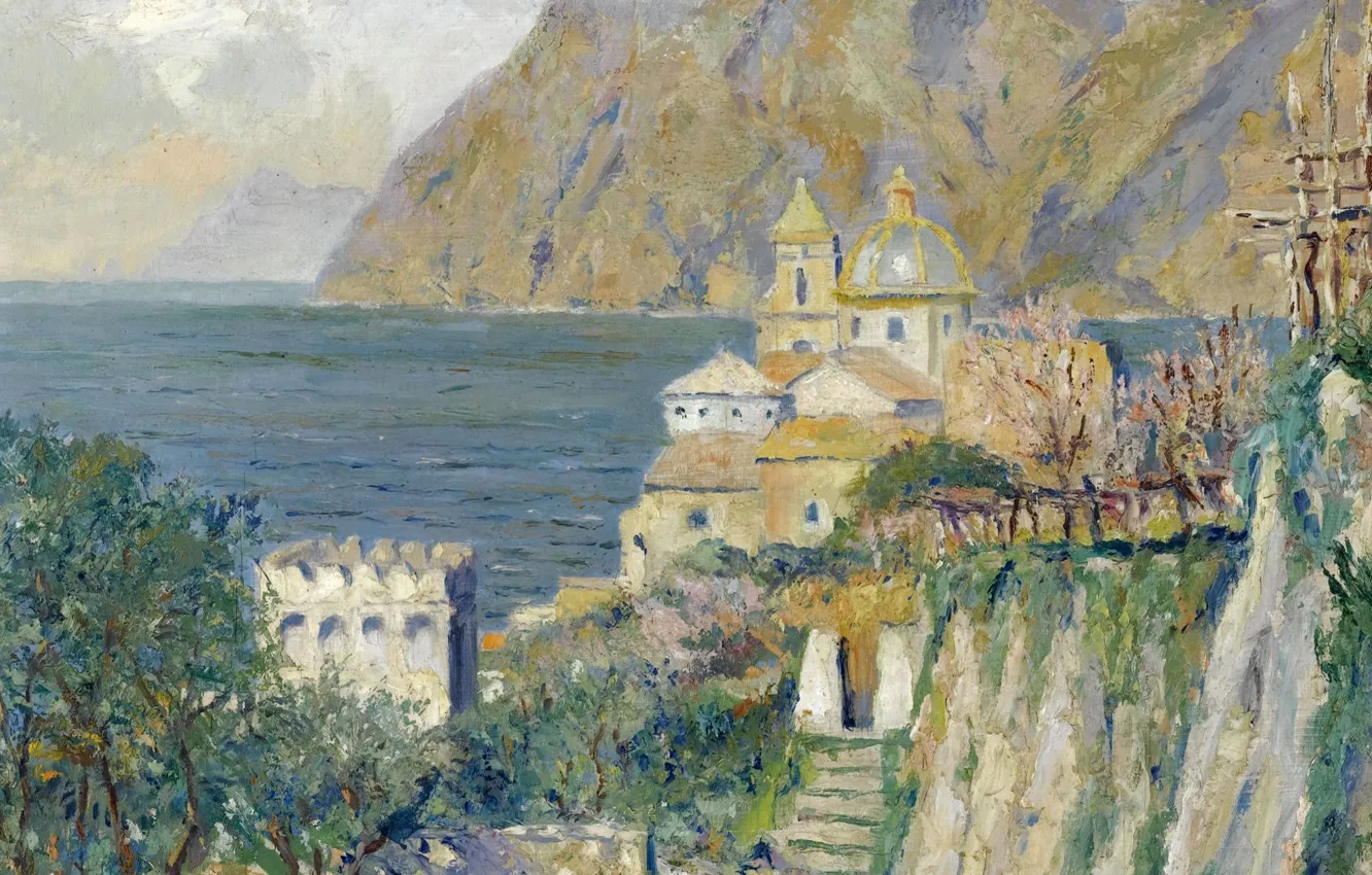 Photo wallpaper landscape, picture, Edward Cucuel, Edward Cucuel, The Village Church. Panorama Of The Amalfi Coast, Capri