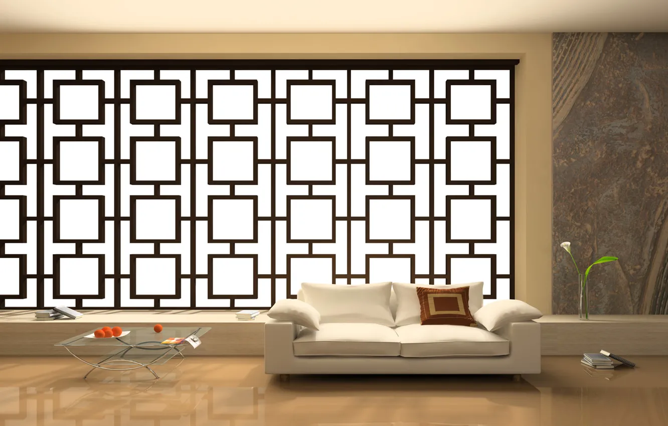 Photo wallpaper flowers, sofa, stained glass, book, vase, table, living room