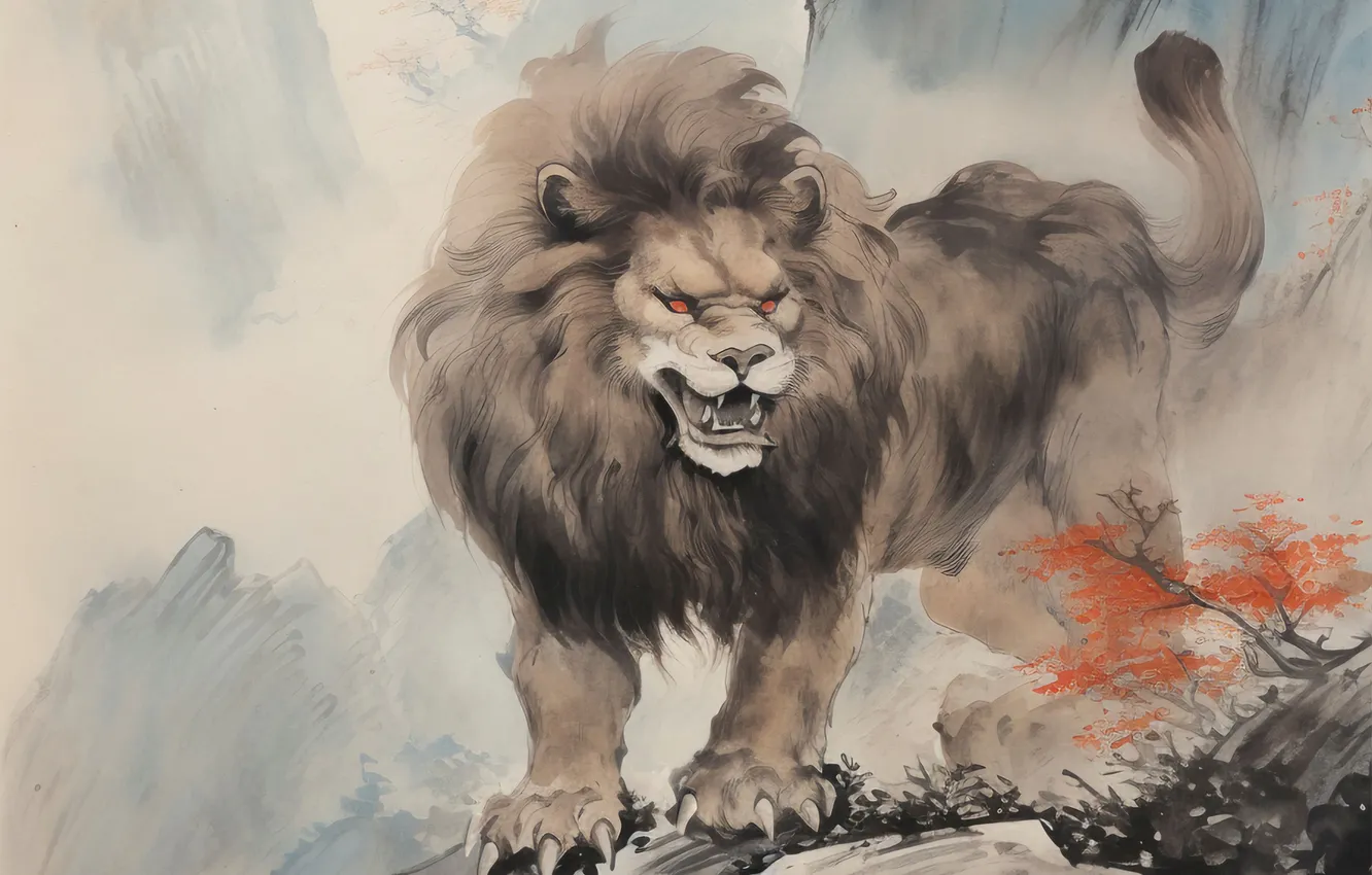 Photo wallpaper mountains, predator, Leo, art, big cat, digital art, imitation painting, AI art