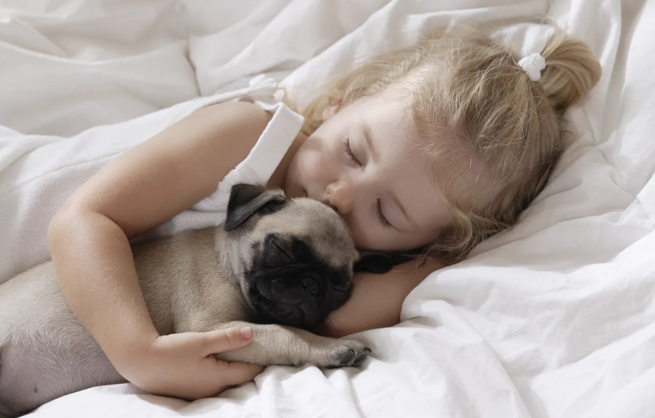 Photo wallpaper children, childhood, animal, dog, sleeping, dog, child, childhood