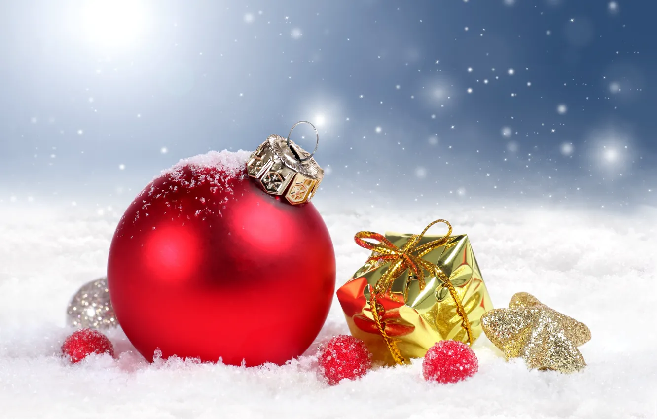 Photo wallpaper snow, decoration, balls, new year, Christmas, Christmas, New Year, decoration