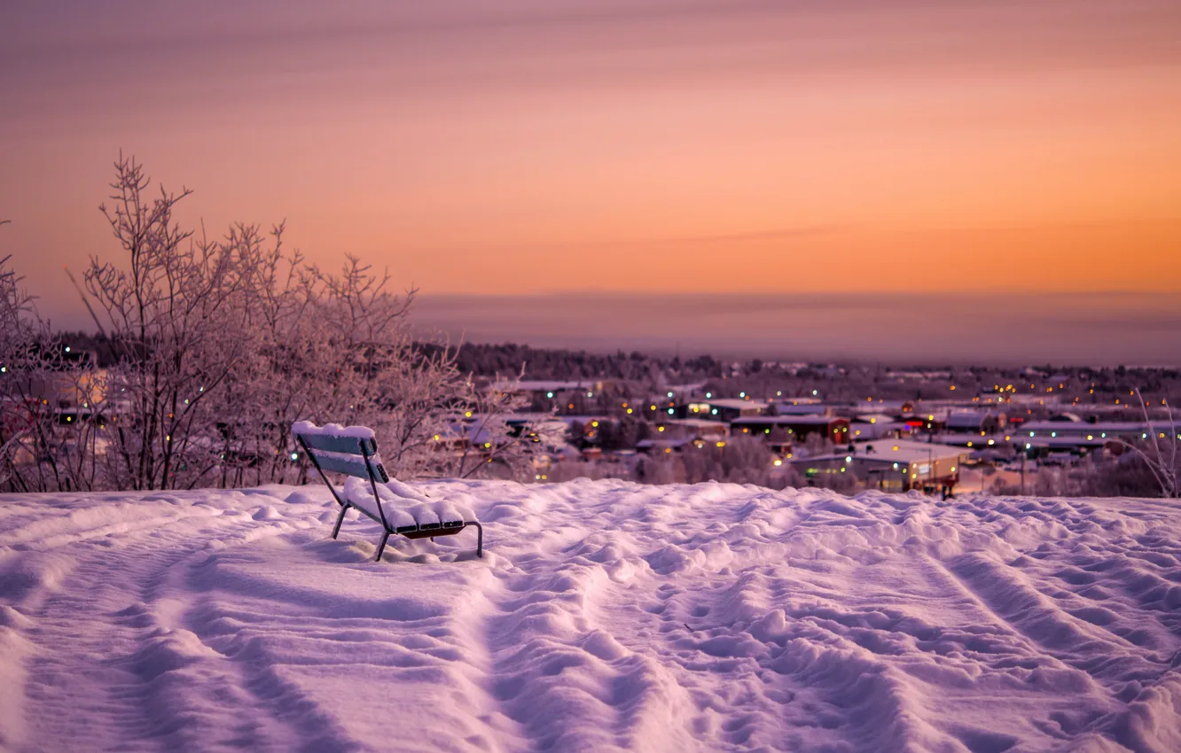 Photo wallpaper winter, snow, night, the city, bench