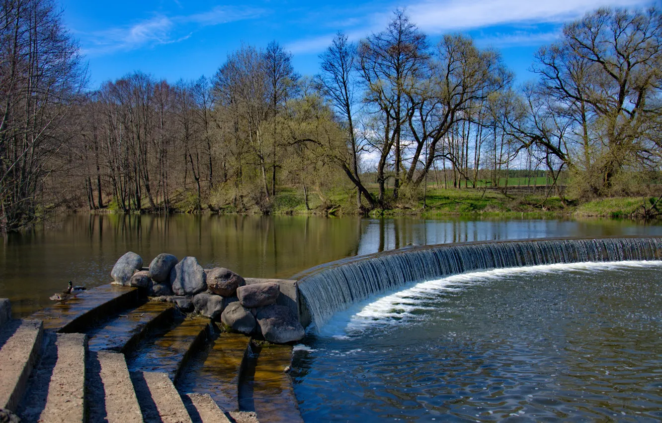 Photo wallpaper the sky, Park, river, waterfall, spring