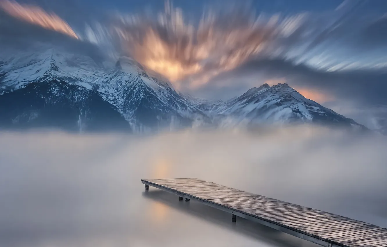Photo wallpaper landscape, mountains, fog, lake