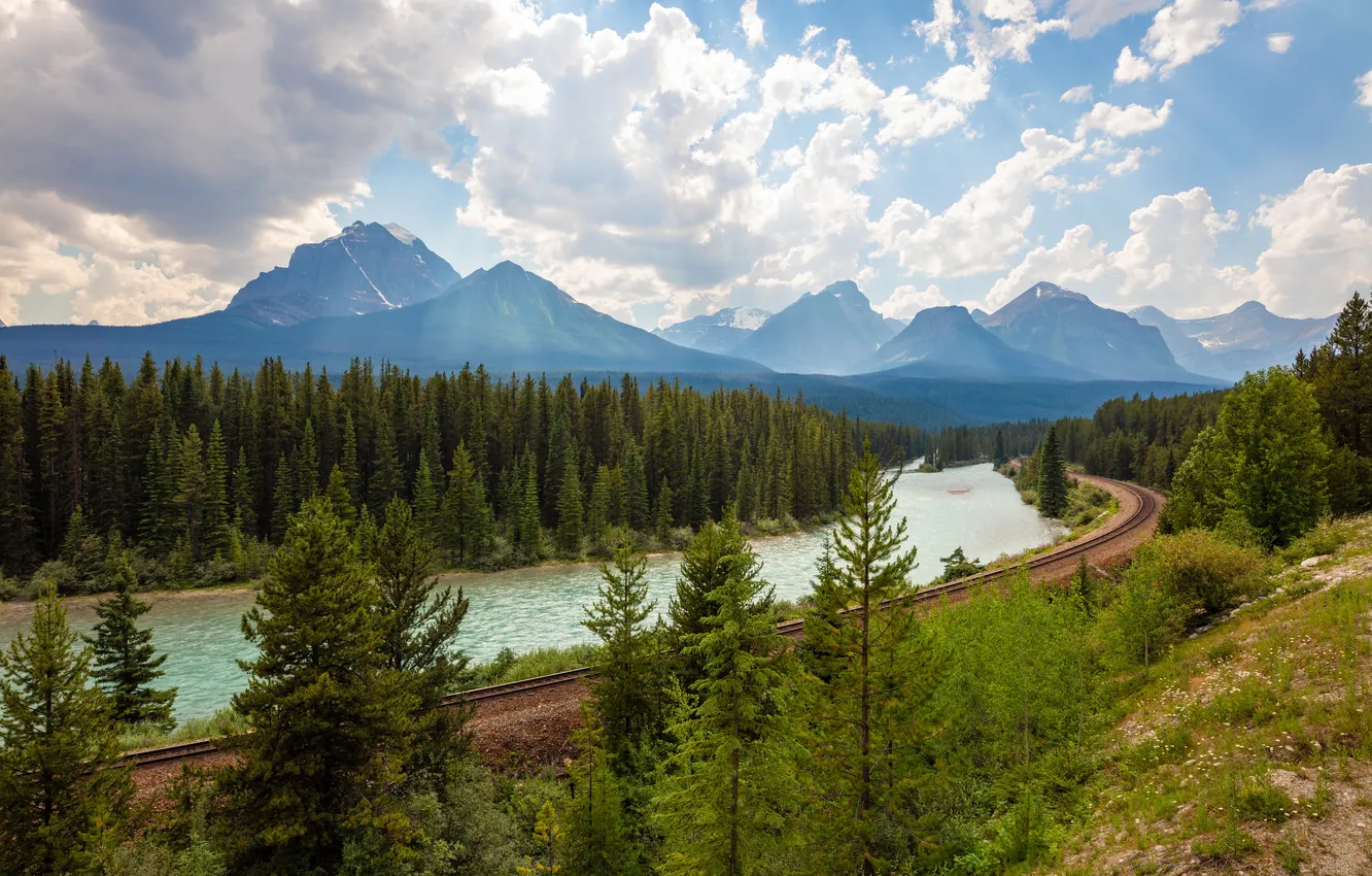Photo wallpaper field, the sky, clouds, trees, mountains, fog, river, blue