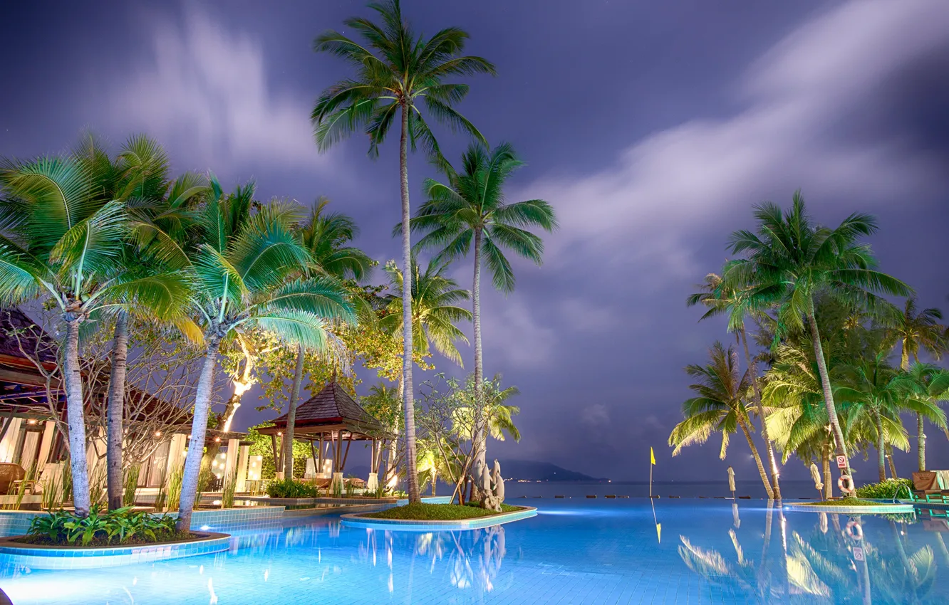 Photo wallpaper sea, landscape, night, nature, palm trees, pool, backlight, Asia