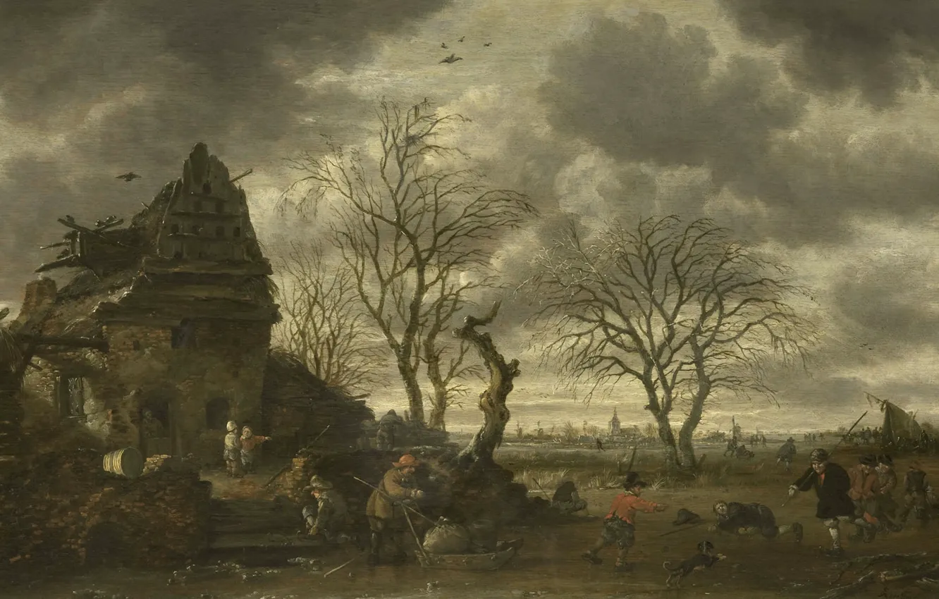 Photo wallpaper landscape, oil, Winter, picture, Salomon Rombouts, 1702, Salomon Rombouts