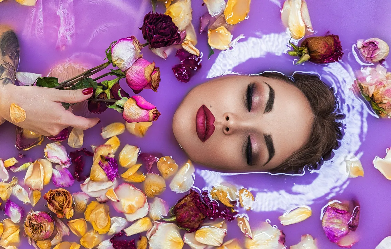 Photo wallpaper water, girl, flowers, face, roses, makeup, petals, closed eyes
