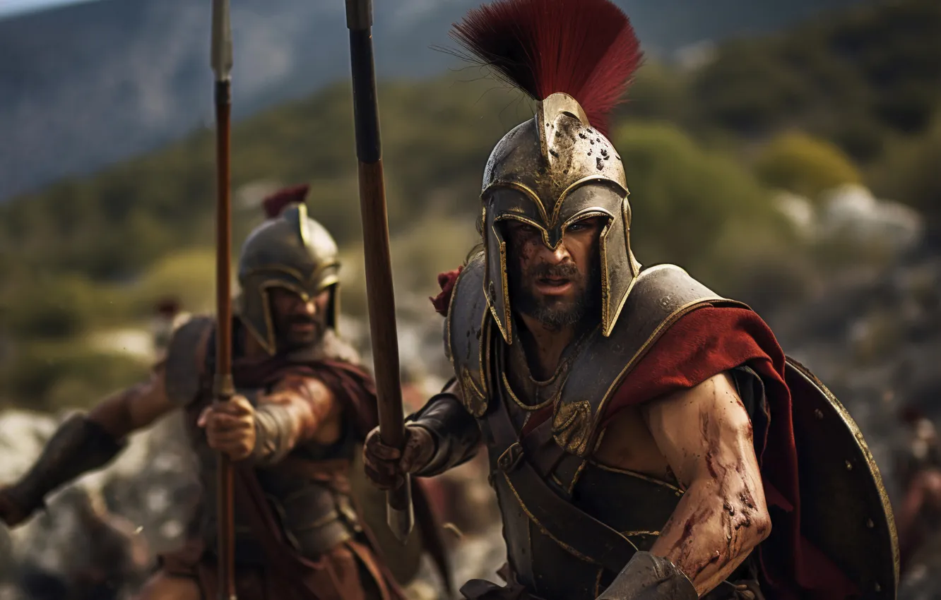 Photo wallpaper armor, warrior, helmet, male, spear, Spartan, digital art, Ancient Greece
