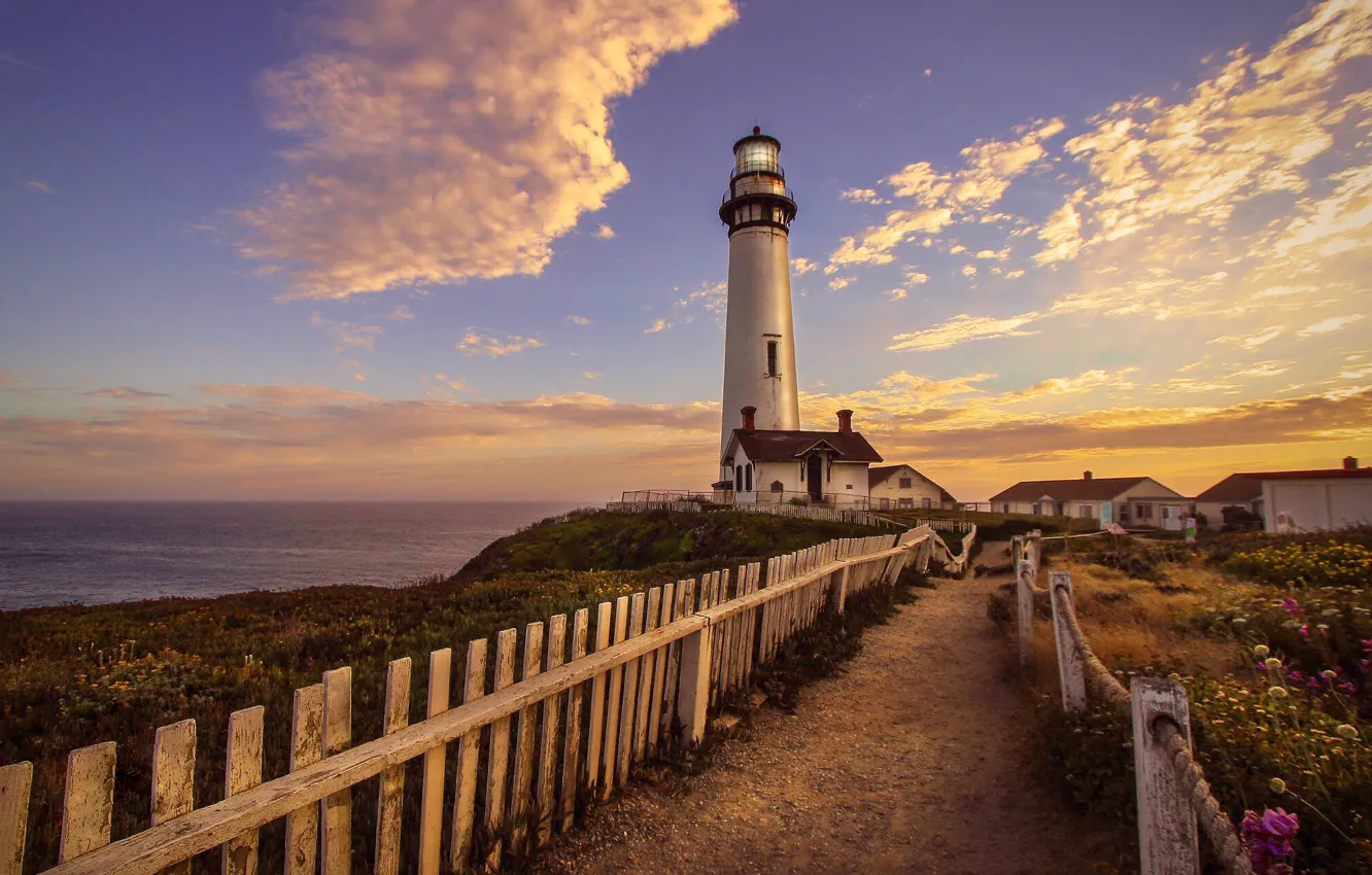 Photo wallpaper sunset, the ocean, shore, the fence, lighthouse, home, CA, track