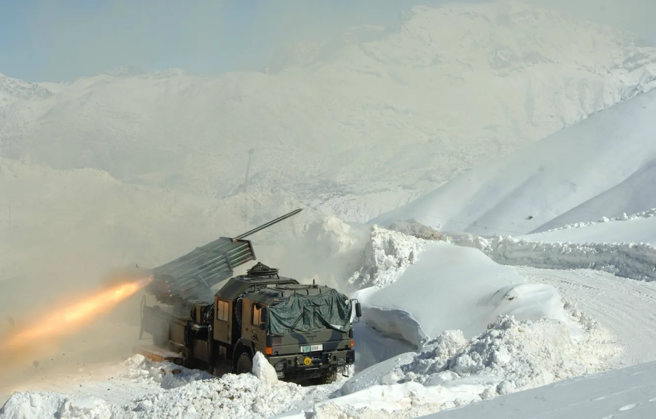 Photo wallpaper fire, flame, mountains, snow, truck, M2 Browning, yuki, spark