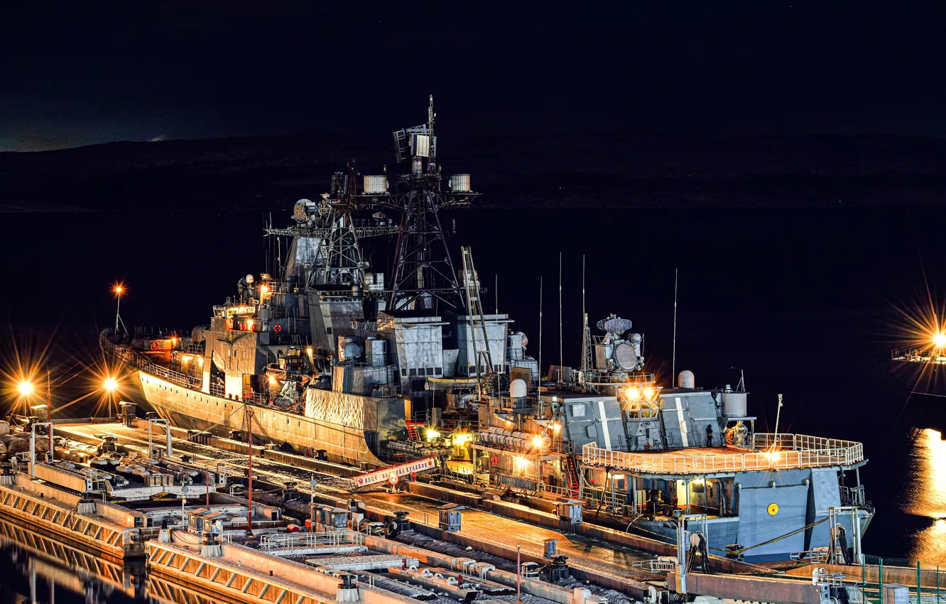 Photo wallpaper night, ship, pier, large, anti-submarine, Vice Admiral Kulakov