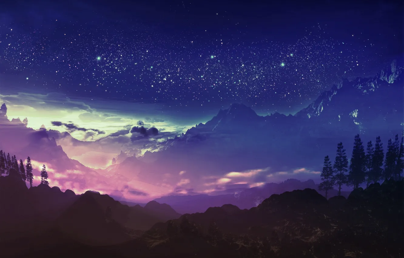 Photo wallpaper the sky, stars, clouds, mountains, night, art, and-k