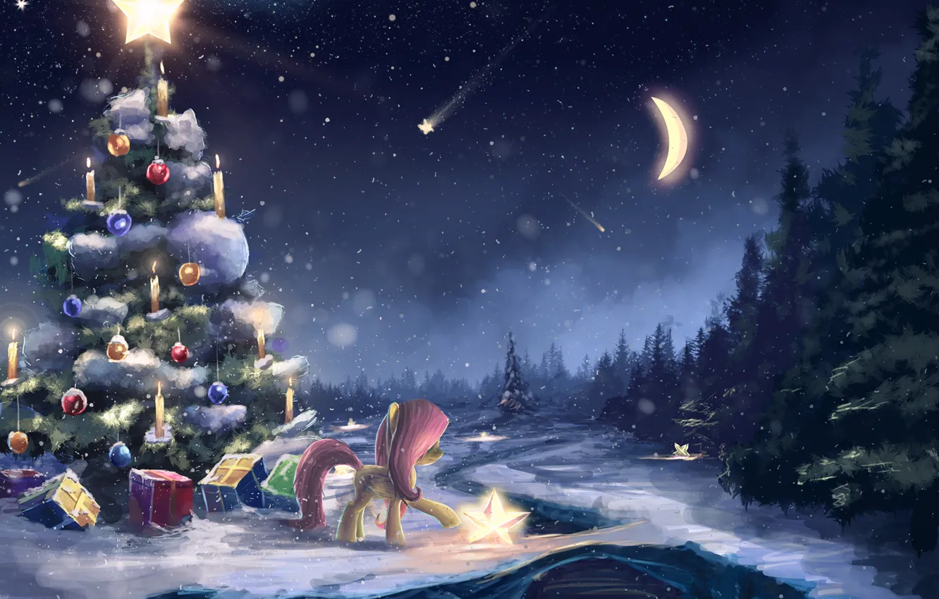 Photo wallpaper winter, snow, holiday, gift, the moon, tree, art, pony