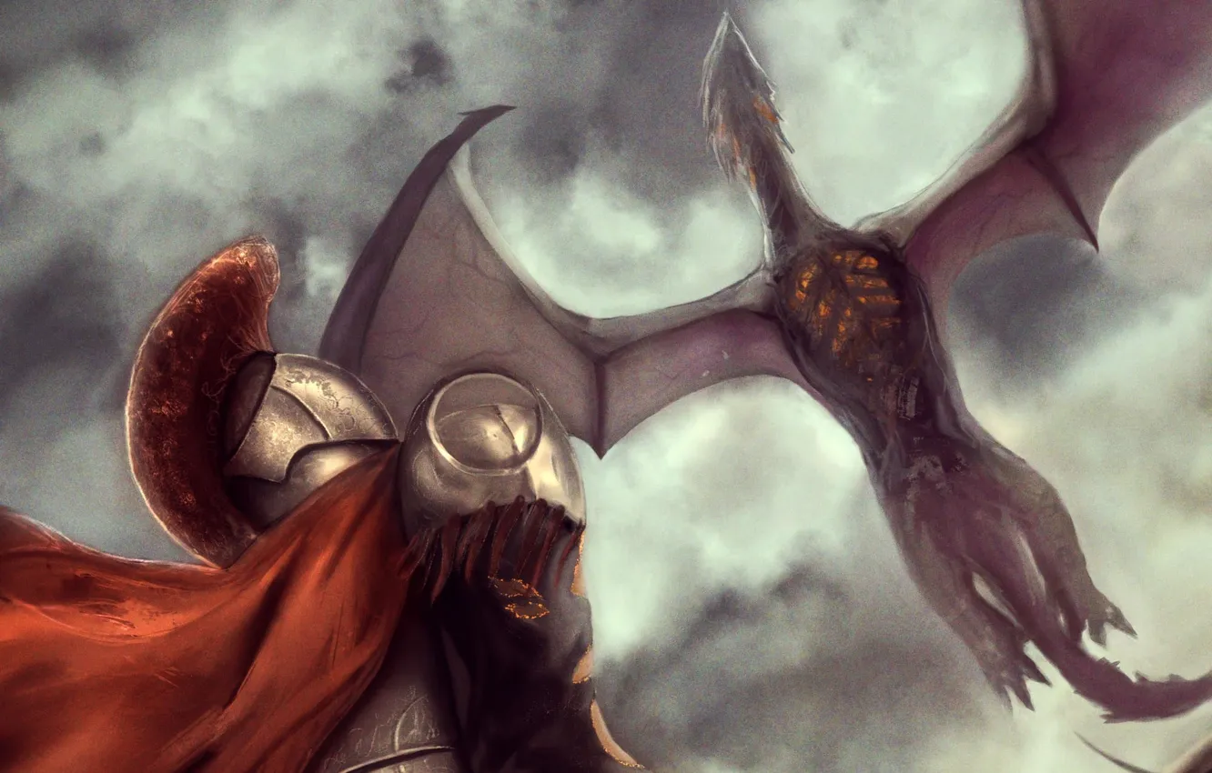 Photo wallpaper flight, dragon, armor, warrior, art, cloak