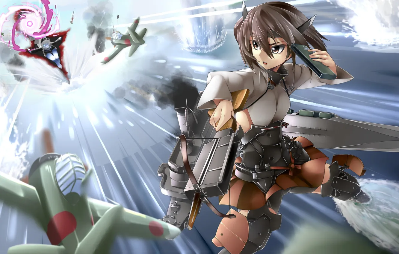 Photo wallpaper water, weapons, girls, anime, art, aircraft, the battle, kantai collection
