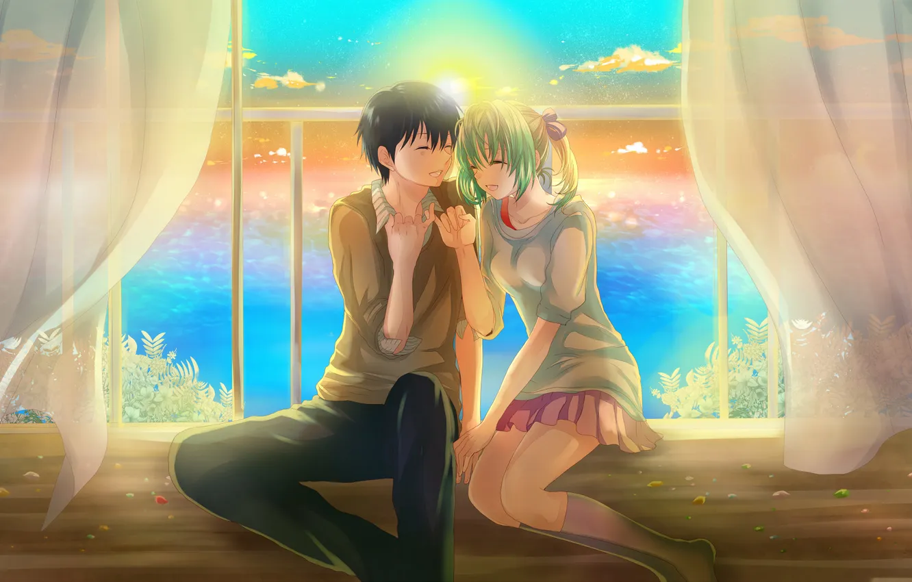 Photo wallpaper the sky, girl, the sun, sunset, the ocean, anime, art, guy