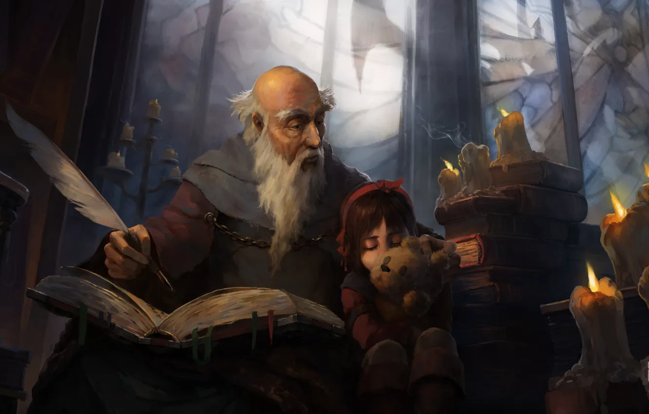 Photo wallpaper children, toy, candles, feathers, window, art, book, the old man