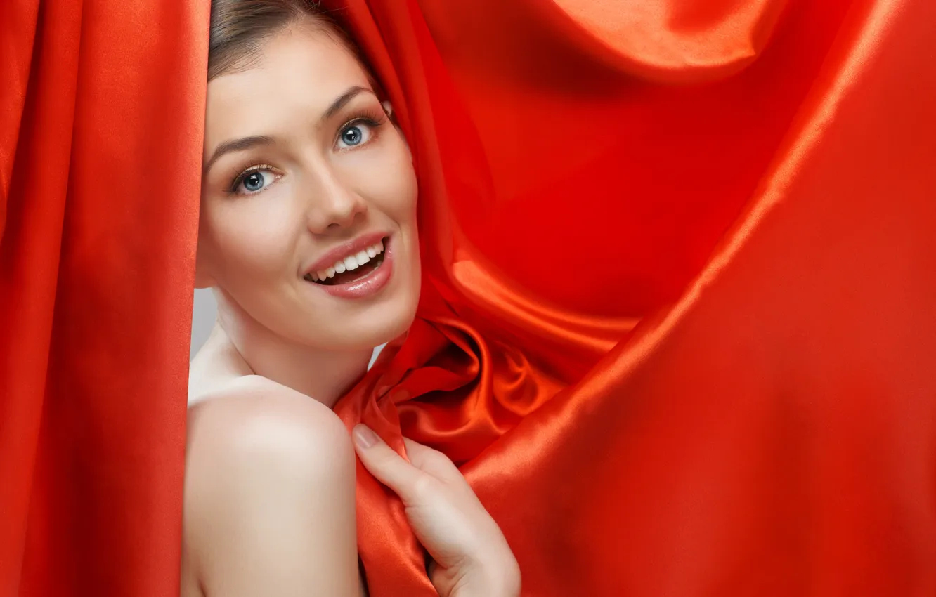 Photo wallpaper look, joy, brown hair, curtains, blue-eyed