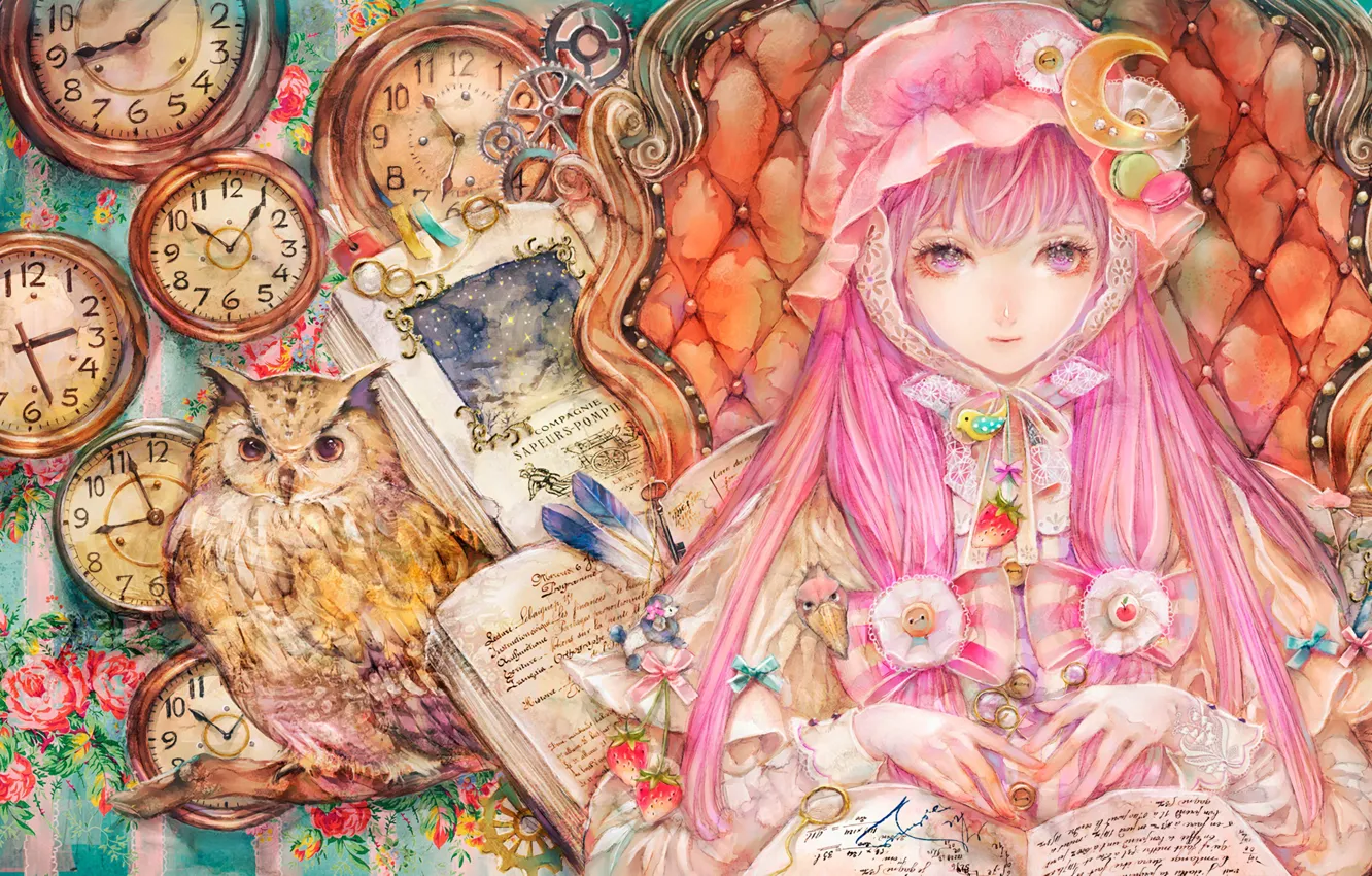Photo wallpaper watch, gear, book, bow, cap, barrette, owl, ruffles