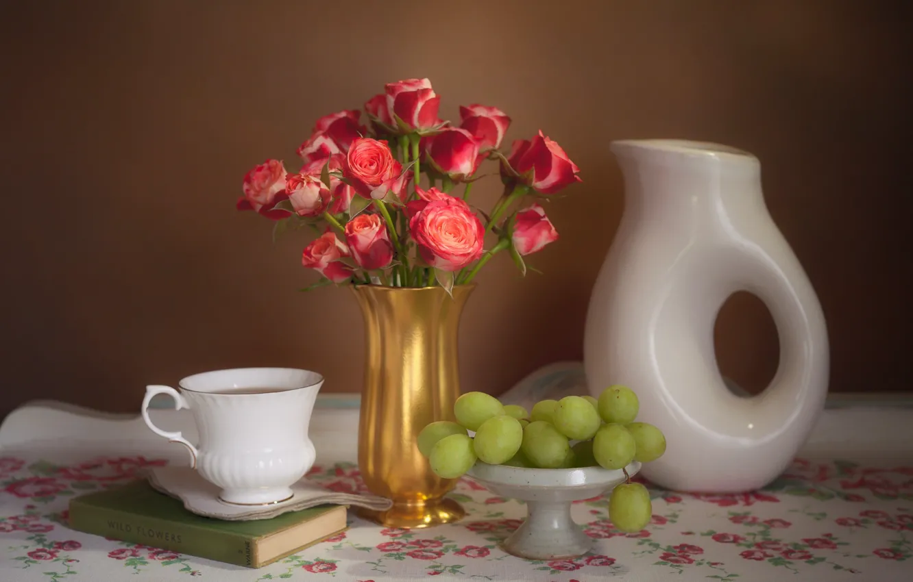 Photo wallpaper tea, roses, grapes, Cup, book