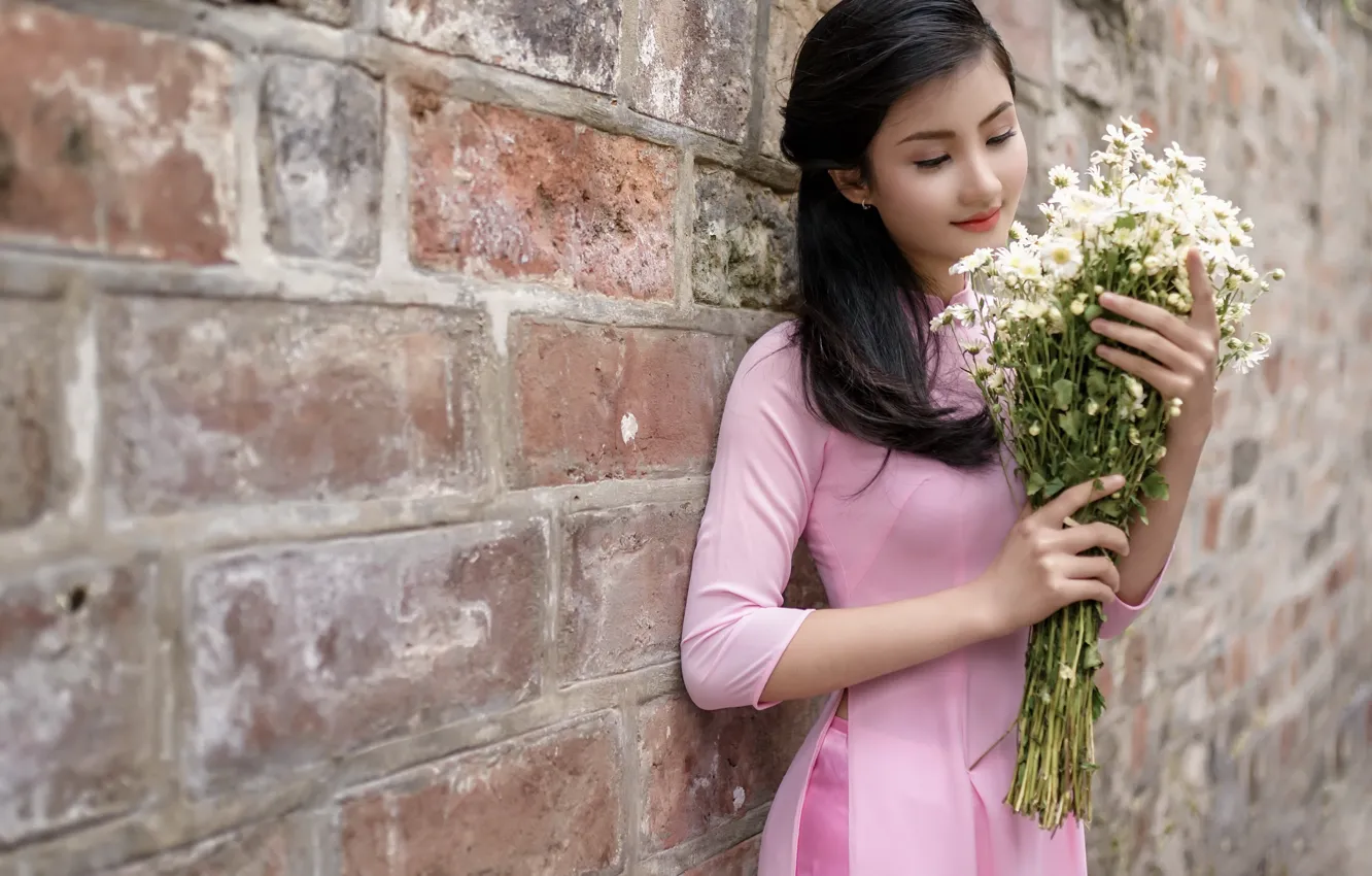 Photo wallpaper girl, flowers, Asian