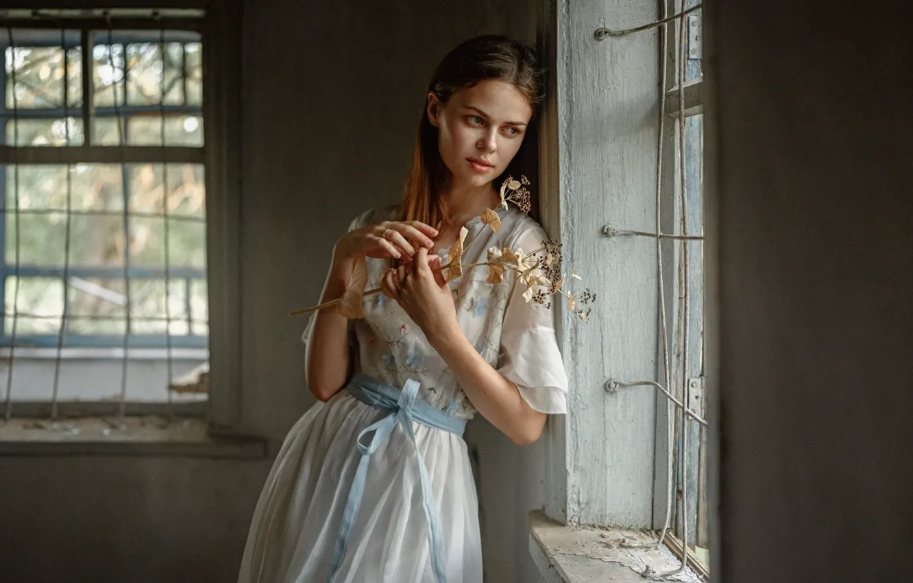 Photo wallpaper girl, room, Windows, bouquet, grid, Evan Kane, Victoria Ageeva