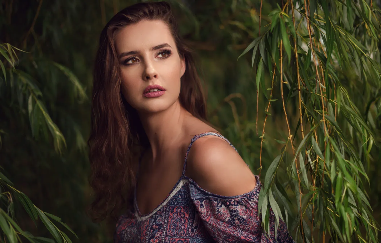 Photo wallpaper look, leaves, girl, branches, makeup, brown hair, shoulders, David The Goat