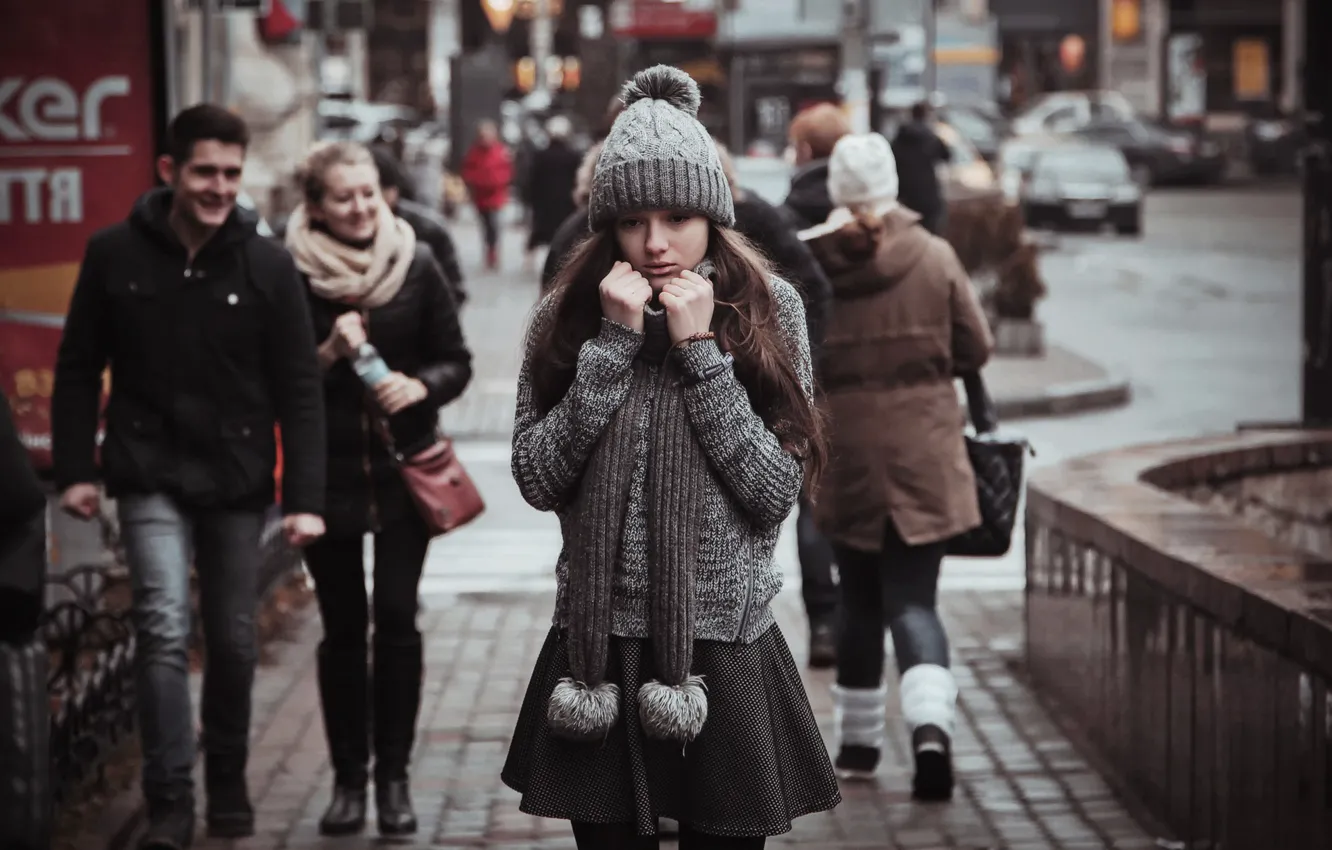Photo wallpaper girl, the city, street, cold, skirt, passers-by, Ruslan Zhukov