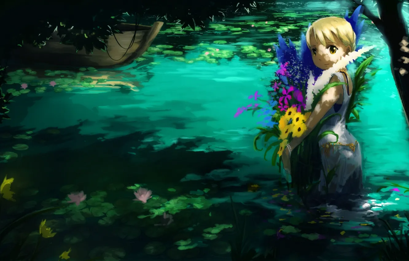 Photo wallpaper water, girl, trees, flowers, looking at the viewer