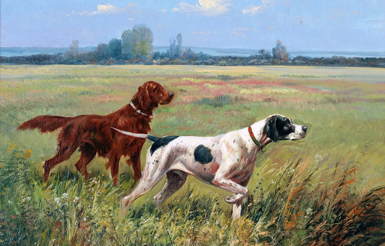 Photo wallpaper Grass, Picture, Dogs, Two, French artist, Eugene Petit, Eugene Petit, Pointer and a Setter in …