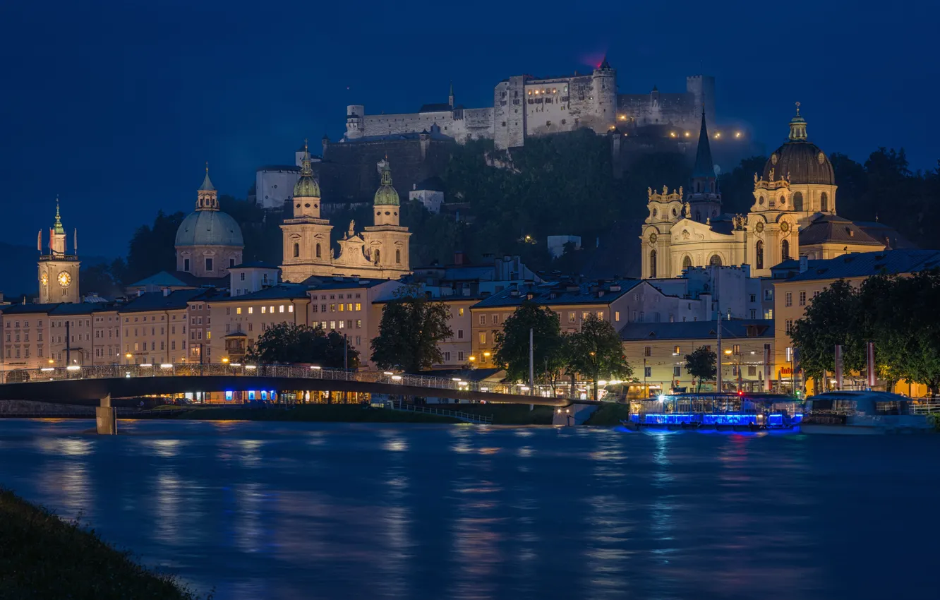 Photo wallpaper night, the city, river, mountain, Austria, lighting, Church, temple