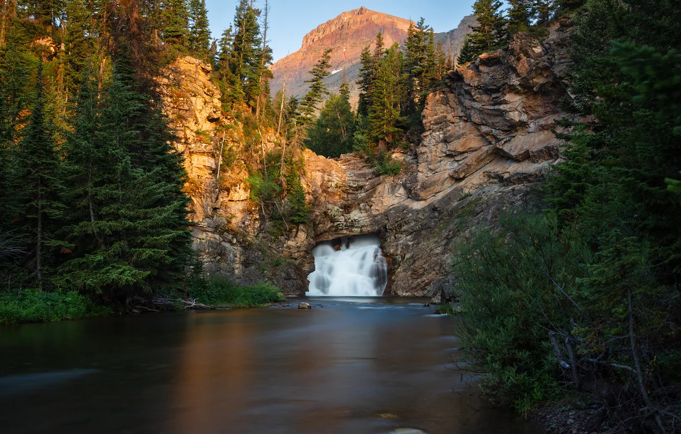 Photo wallpaper forest, mountains, lake, rocks, shore, waterfall